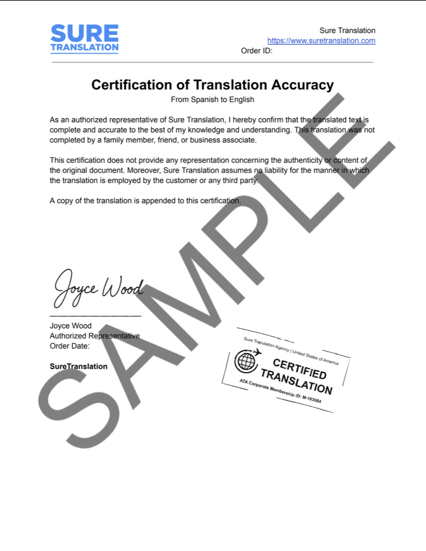 Example of a signed Certificate of Translation Accuracy included with a certified translation